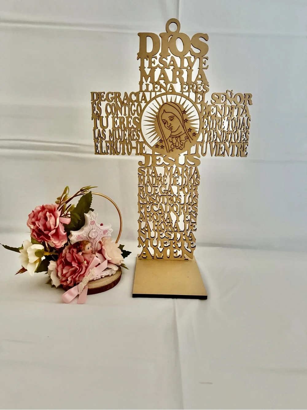 Wooden Laser-Cut Cross with Virgin Mary Design - Natural Wood